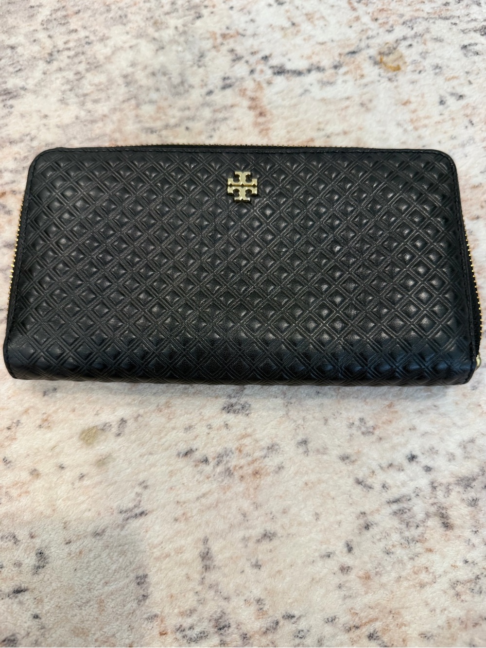 Tory Burch Black Quilted Leather Zip Wallet with Gold Logo
